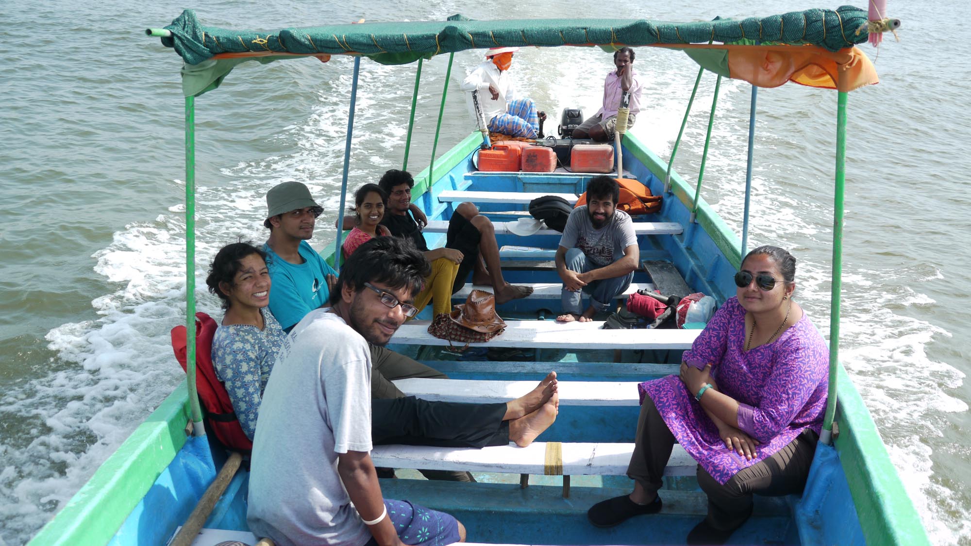 Panchabhuta's research team on a boat during a field survey of the Aghanashini Estuary